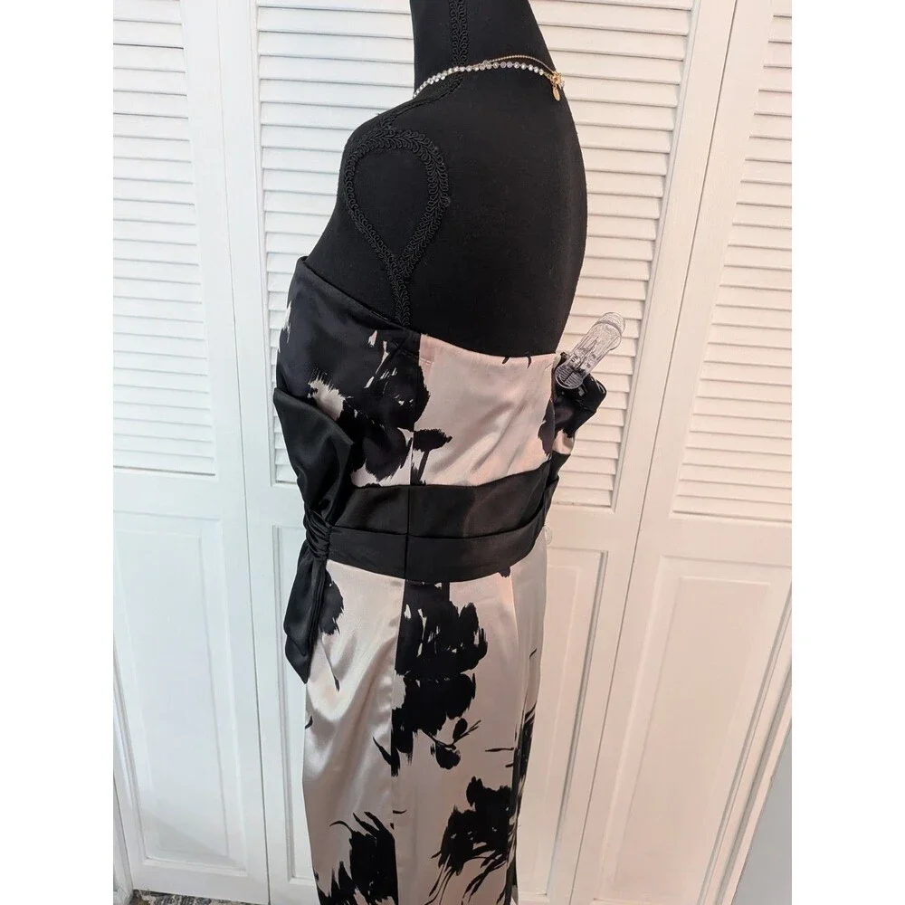 WHBM Dress Womens 12 Beige Black Floral Satin Bow Strapless Formal Cocktail Glam - Picture 6 of 16